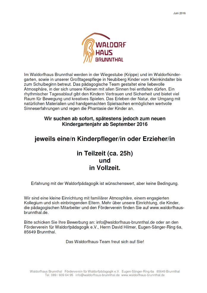 Stellenanzeige Waldorf Ganztags und Teilzeit
